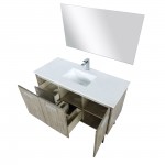 Lancy 48" Rustic Acacia Vanity, White Quartz Top, White Square Sink, Labaro Rose Gold Faucet Set, and 43" Frameless Mirror