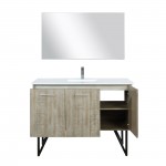 Lancy 48" Rustic Acacia Vanity, White Quartz Top, White Square Sink, Balzani Gun Metal Faucet Set, and 43" Frameless Mirror