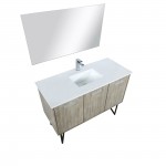 Lancy 48" Rustic Acacia Vanity, White Quartz Top, White Square Sink, Balzani Gun Metal Faucet Set, and 43" Frameless Mirror