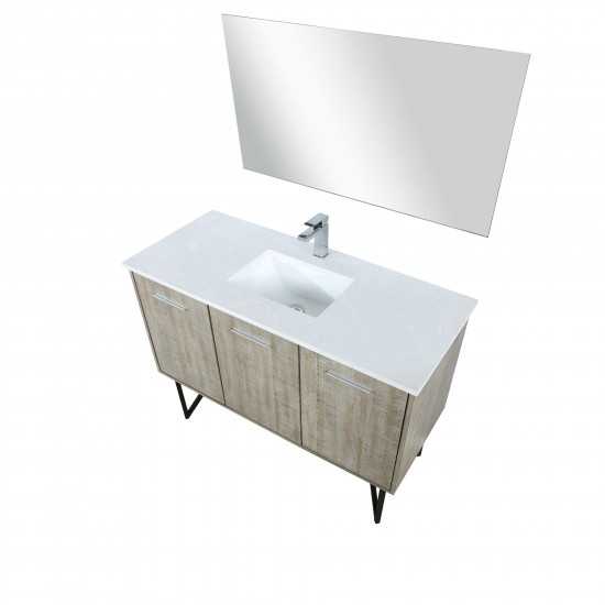 Lancy 48" Rustic Acacia Vanity, White Quartz Top, White Square Sink, Balzani Gun Metal Faucet Set, and 43" Frameless Mirror
