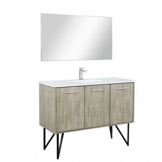Lancy 48" Rustic Acacia Vanity, White Quartz Top, White Square Sink, Balzani Gun Metal Faucet Set, and 43" Frameless Mirror