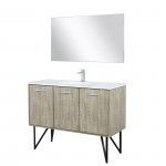 Lancy 48" Rustic Acacia Vanity, White Quartz Top, White Square Sink, Balzani Gun Metal Faucet Set, and 43" Frameless Mirror