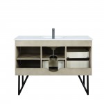 Lancy 48" Rustic Acacia Vanity, White Quartz Top, White Square Sink, Balzani Gun Metal Faucet Set, and 43" Frameless Mirror