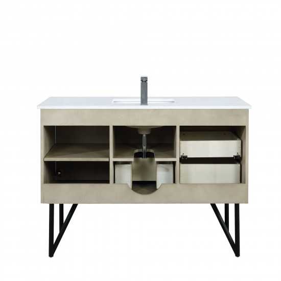 Lancy 48" Rustic Acacia Vanity, White Quartz Top, White Square Sink, Balzani Gun Metal Faucet Set, and 43" Frameless Mirror
