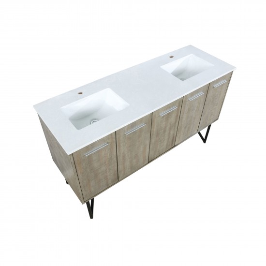 Lancy 60" Rustic Acacia Double Bathroom Vanity, White Quartz Top, and White Square Sinks