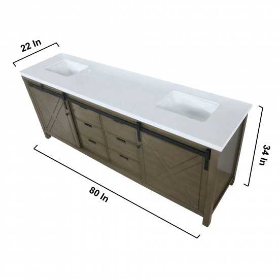 Marsyas 80" Rustic Brown Double Vanity, White Quartz Top, White Square Sinks and no Mirror