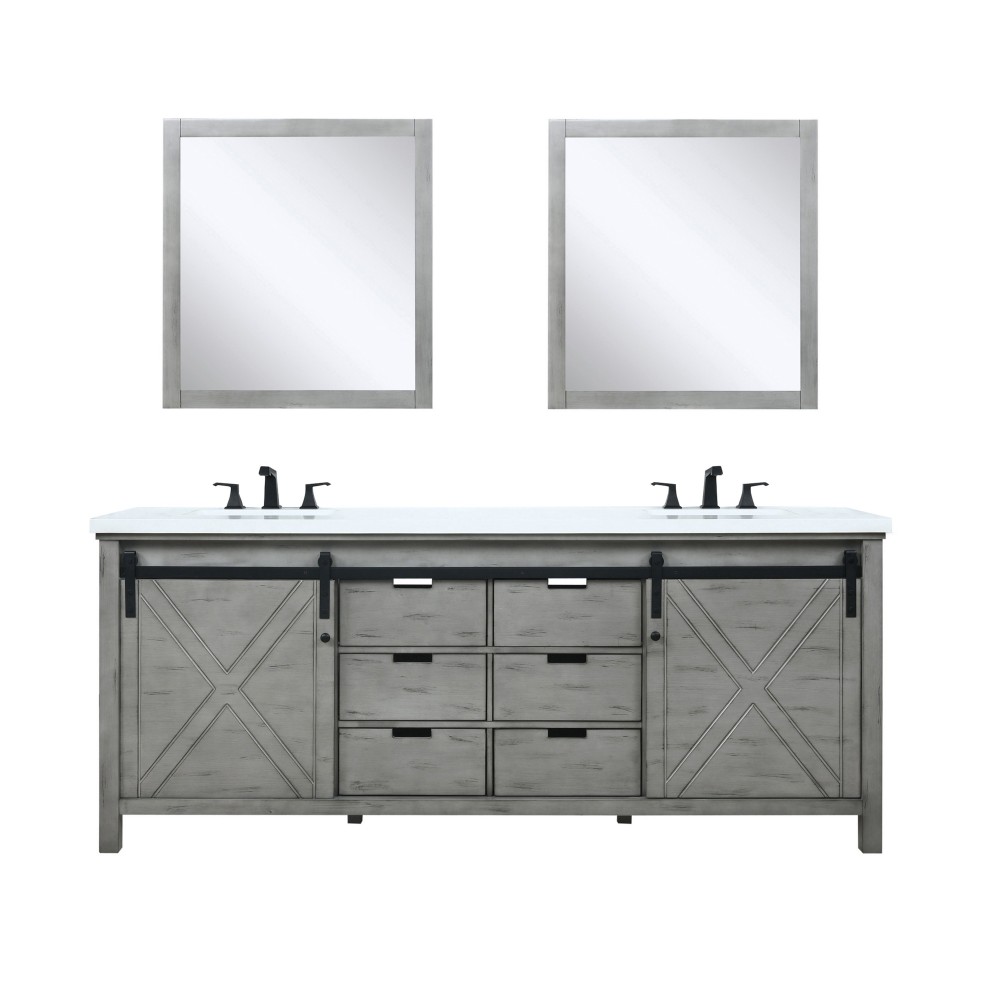 Marsyas 80" Ash Grey Double Vanity Ash Grey, White Quartz Top, White Square Sinks and 30" Mirrors w/ Faucets