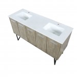 Lancy 60" Rustic Acacia Double Bathroom Vanity, White Quartz Top, and White Square Sinks