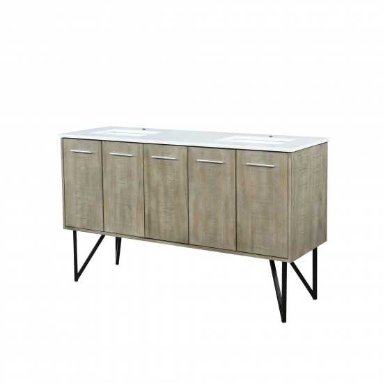 Lancy 60" Rustic Acacia Double Bathroom Vanity, White Quartz Top, and White Square Sinks