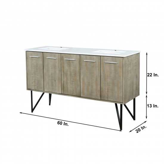 Lancy 60" Rustic Acacia Double Bathroom Vanity, White Quartz Top, and White Square Sinks