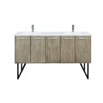 Lancy 60" Rustic Acacia Double Bathroom Vanity, White Quartz Top, White Square Sinks, and Monte Chrome Faucet Set