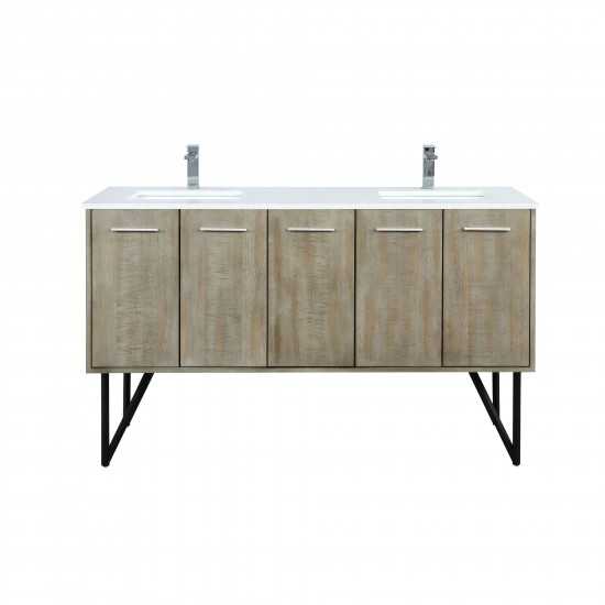 Lancy 60" Rustic Acacia Double Bathroom Vanity, White Quartz Top, White Square Sinks, and Monte Chrome Faucet Set