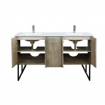 Lancy 60" Rustic Acacia Double Bathroom Vanity, White Quartz Top, White Square Sinks, and Monte Chrome Faucet Set