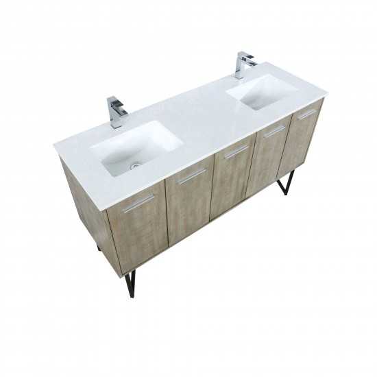 Lancy 60" Rustic Acacia Double Bathroom Vanity, White Quartz Top, White Square Sinks, and Monte Chrome Faucet Set