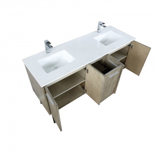 Lancy 60" Rustic Acacia Double Bathroom Vanity, White Quartz Top, White Square Sinks, and Monte Chrome Faucet Set