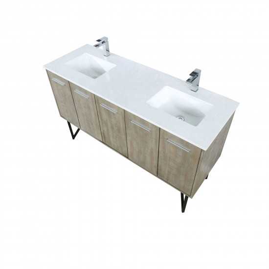 Lancy 60" Rustic Acacia Double Bathroom Vanity, White Quartz Top, White Square Sinks, and Monte Chrome Faucet Set