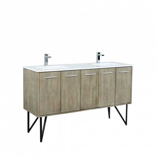 Lancy 60" Rustic Acacia Double Bathroom Vanity, White Quartz Top, White Square Sinks, and Monte Chrome Faucet Set