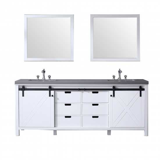 Marsyas 84" White Double Vanity, Grey Quartz Top, White Square Sinks and 34" Mirrors w/ Faucets