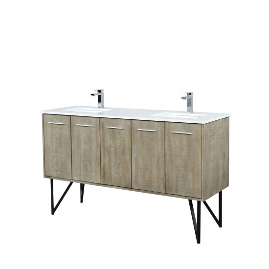 Lancy 60" Rustic Acacia Double Bathroom Vanity, White Quartz Top, White Square Sinks, and Monte Chrome Faucet Set