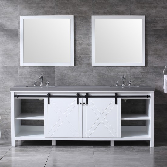 Marsyas 84" White Double Vanity, Grey Quartz Top, White Square Sinks and 34" Mirrors w/ Faucets