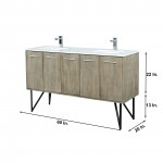 Lancy 60" Rustic Acacia Double Bathroom Vanity, White Quartz Top, White Square Sinks, and Monte Chrome Faucet Set