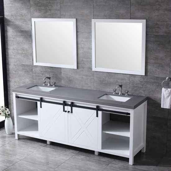 Marsyas 84" White Double Vanity, Grey Quartz Top, White Square Sinks and 34" Mirrors w/ Faucets