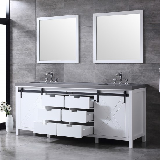 Marsyas 84" White Double Vanity, Grey Quartz Top, White Square Sinks and 34" Mirrors w/ Faucets