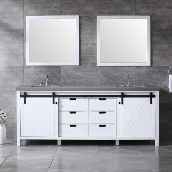 Marsyas 84" White Double Vanity, Grey Quartz Top, White Square Sinks and 34" Mirrors w/ Faucets