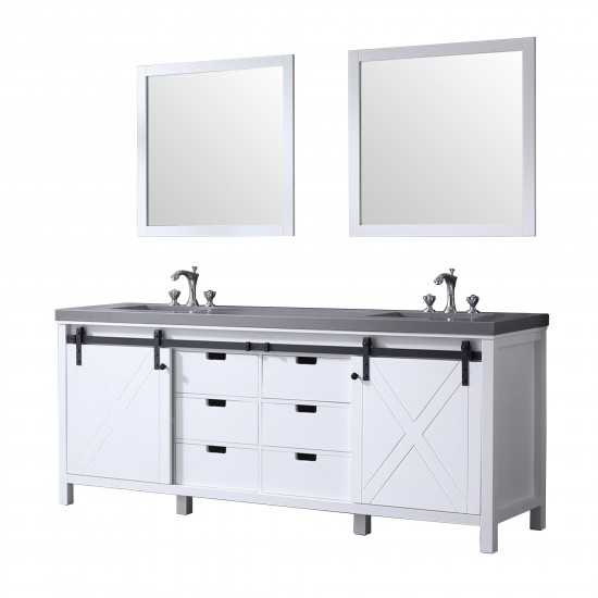 Marsyas 84" White Double Vanity, Grey Quartz Top, White Square Sinks and 34" Mirrors w/ Faucets