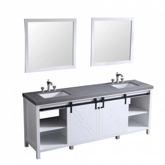 Marsyas 84" White Double Vanity, Grey Quartz Top, White Square Sinks and 34" Mirrors w/ Faucets