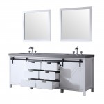 Marsyas 84" White Double Vanity, Grey Quartz Top, White Square Sinks and 34" Mirrors w/ Faucets