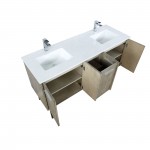 Lancy 60" Rustic Acacia Double Bathroom Vanity, White Quartz Top, White Square Sinks, and Labaro Brushed Nickel Faucet Set