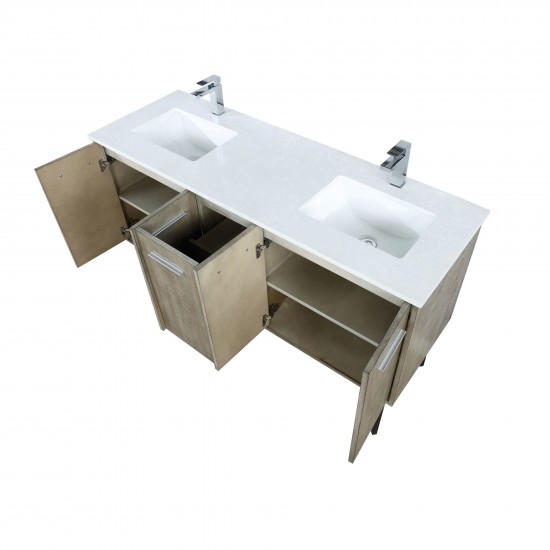 Lancy 60" Rustic Acacia Double Bathroom Vanity, White Quartz Top, White Square Sinks, and Labaro Brushed Nickel Faucet Set