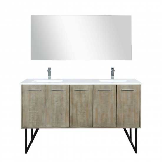 Lancy 60" Rustic Acacia Double Vanity, White Quartz Top, Square Sinks, Labaro Brushed Nickel Faucet Set, and 55" Mirror