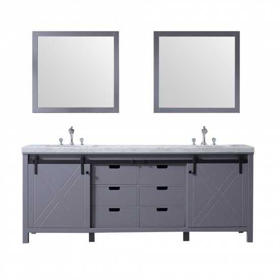 Marsyas 84" Dark Grey Double Vanity, White Carrara Marble Top, White Square Sinks and 34" Mirrors w/ Faucets