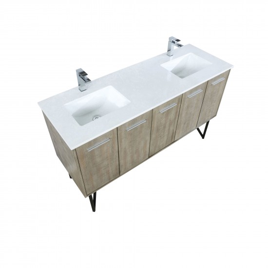 Lancy 60" Rustic Acacia Double Bathroom Vanity, White Quartz Top, White Square Sinks, and Labaro Rose Gold Faucet Set