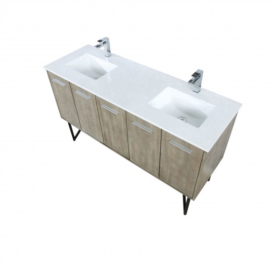 Lancy 60" Rustic Acacia Double Bathroom Vanity, White Quartz Top, White Square Sinks, and Labaro Rose Gold Faucet Set