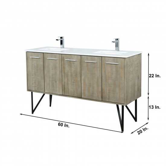 Lancy 60" Rustic Acacia Double Bathroom Vanity, White Quartz Top, White Square Sinks, and Labaro Rose Gold Faucet Set