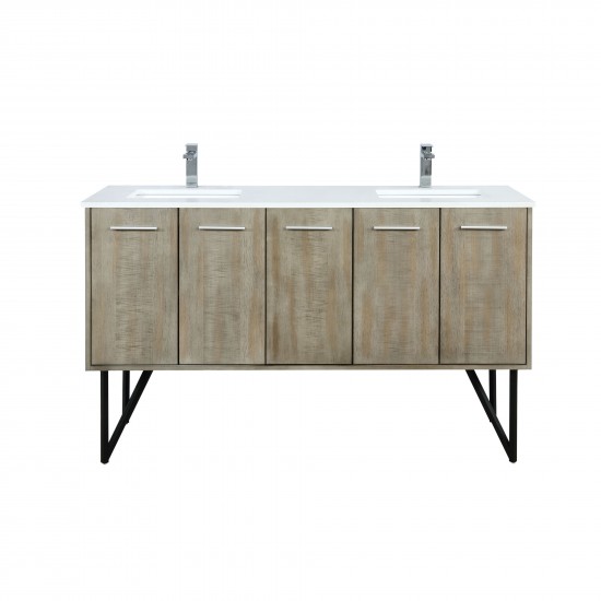 Lancy 60" Rustic Acacia Double Bathroom Vanity, White Quartz Top, White Square Sinks, and Balzani Gun Metal Faucet Set