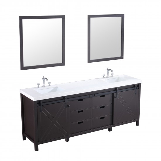 Marsyas 84" Brown Double Vanity, White Quartz Top, White Square Sinks and 34" Mirrors w/ Faucets