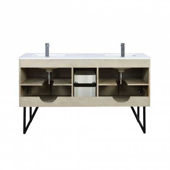 Lancy 60" Rustic Acacia Double Bathroom Vanity, White Quartz Top, White Square Sinks, and Balzani Gun Metal Faucet Set