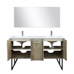 Lancy 60" Rustic Acacia Double Vanity, White Quartz Top, Square Sinks, Balzani Gun Metal Faucet Set, and 55" Mirror