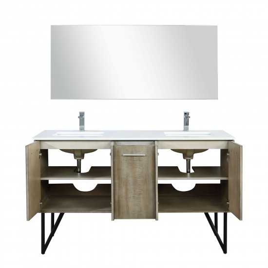 Lancy 60" Rustic Acacia Double Vanity, White Quartz Top, Square Sinks, Balzani Gun Metal Faucet Set, and 55" Mirror