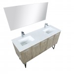 Lancy 60" Rustic Acacia Double Vanity, White Quartz Top, Square Sinks, Balzani Gun Metal Faucet Set, and 55" Mirror