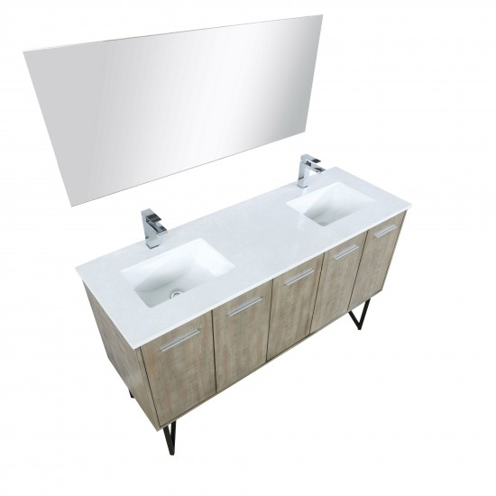 Lancy 60" Rustic Acacia Double Vanity, White Quartz Top, Square Sinks, Balzani Gun Metal Faucet Set, and 55" Mirror