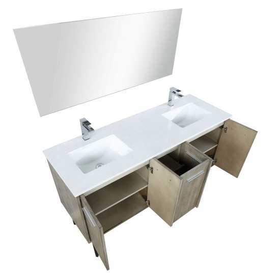 Lancy 60" Rustic Acacia Double Vanity, White Quartz Top, Square Sinks, Balzani Gun Metal Faucet Set, and 55" Mirror