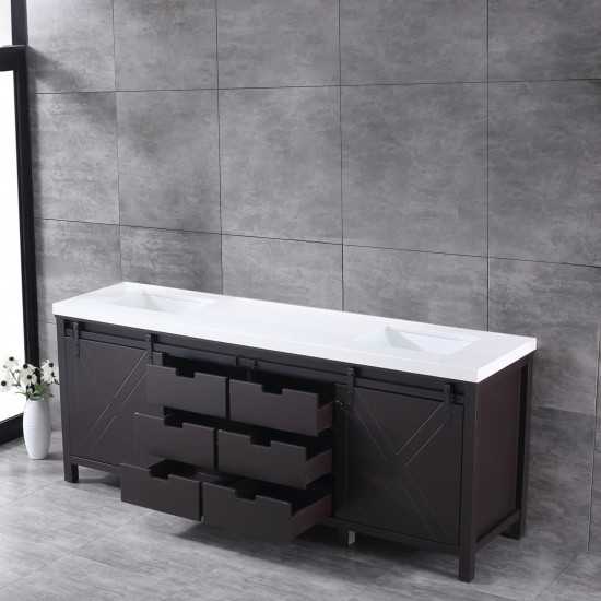 Marsyas 84" Brown Double Vanity, White Quartz Top, White Square Sinks and no Mirror