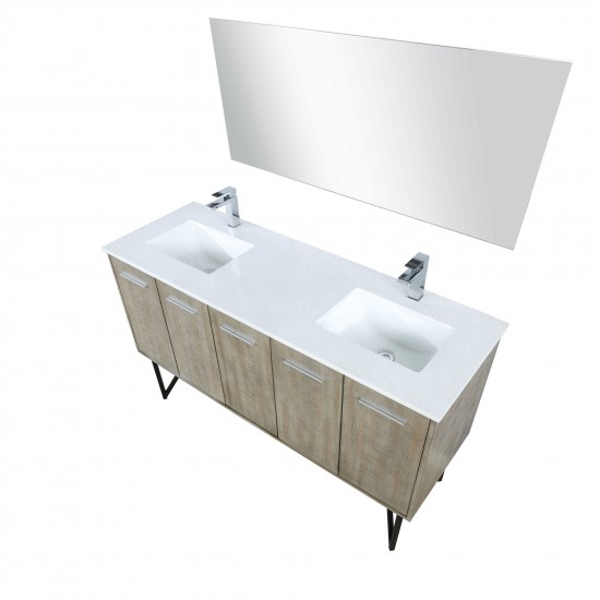 Lancy 60" Rustic Acacia Double Vanity, White Quartz Top, Square Sinks, Balzani Gun Metal Faucet Set, and 55" Mirror