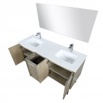 Lancy 60" Rustic Acacia Double Vanity, White Quartz Top, Square Sinks, Balzani Gun Metal Faucet Set, and 55" Mirror