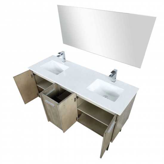 Lancy 60" Rustic Acacia Double Vanity, White Quartz Top, Square Sinks, Balzani Gun Metal Faucet Set, and 55" Mirror